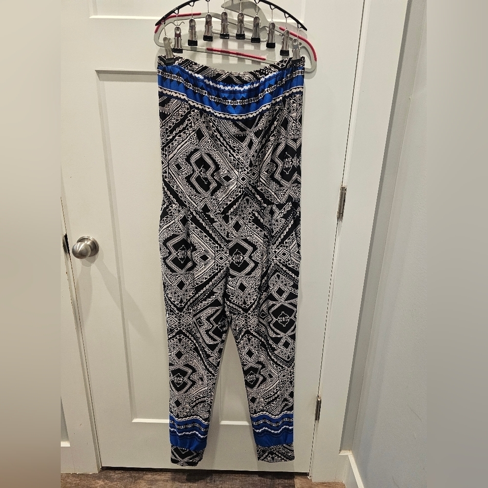 Women’s Strapless Boho Aztec Print Pants Romper Jumpsuit Medium Black White Blue